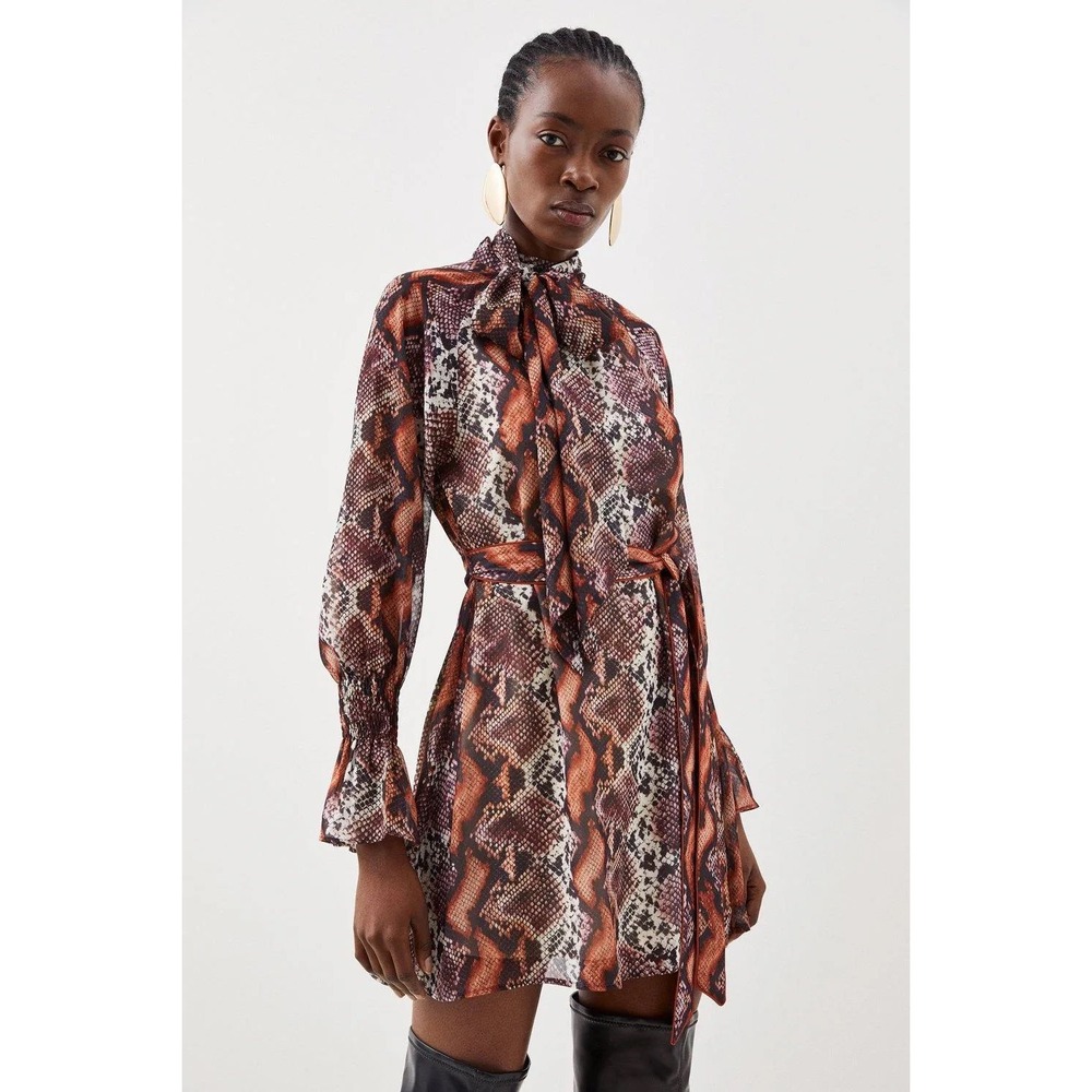Karen Millen Petite Pleated Georgette Snake Print Mini Dress US 4 NWT